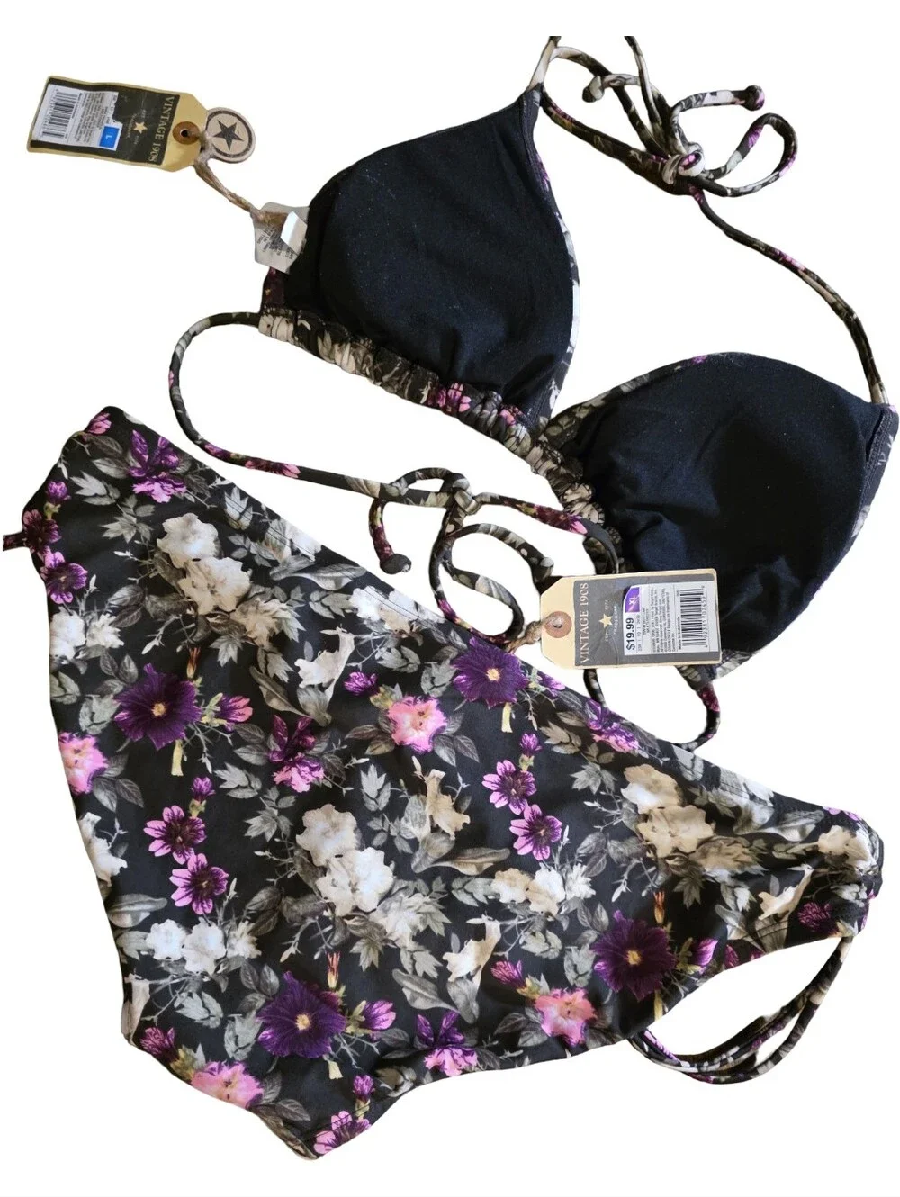 Converse One Star Floral Triangle Bikini Set Women Black Purple NWT Top L Bottom